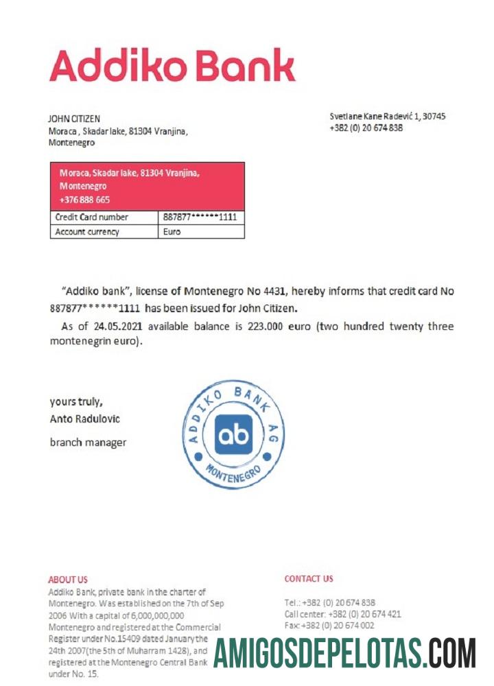 Referência do Banco Montenegro Addiko exemplo